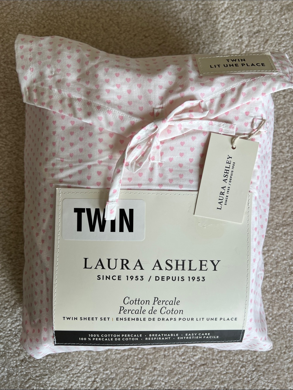 Laura Ashley TWIN sheet set white with pink hearts 100% cotton WASHED NEVER USED